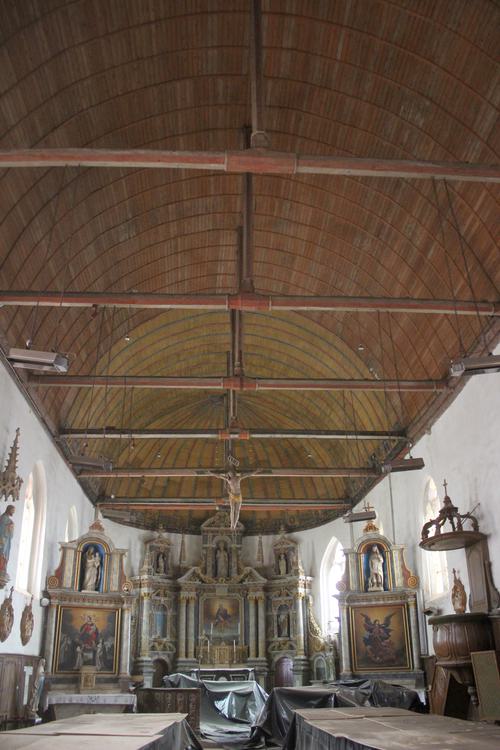 Église Saint-Médard [Saint-Mard-de-Réno - 61418] : Nef et choeur, charpente de comble : vue depuis l’ouest