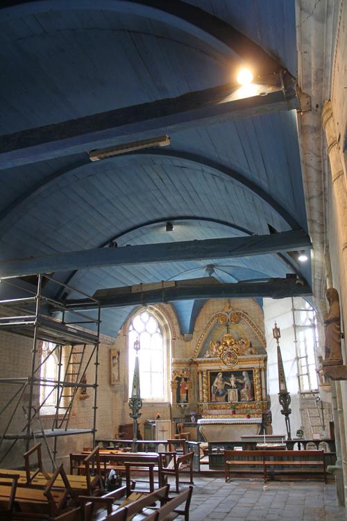 Chapelle Sainte-Anne [Daoulas - 29043] : Nef et choeur, charpentes de couvrements vues depuis le sud-ouest